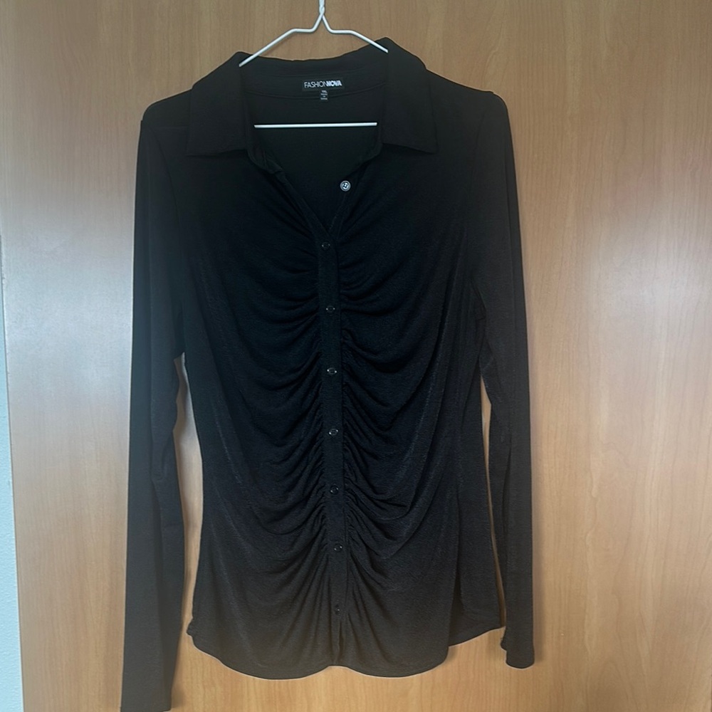 Fashion Nova Black Ruched Button Down Shirt